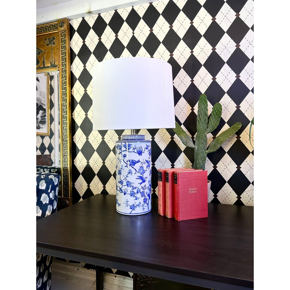 Tall Blue White Chinoiserie Table Lamp Ceramic Bird Floral Ginger Jar 25.5" - Picture 7 of 15
